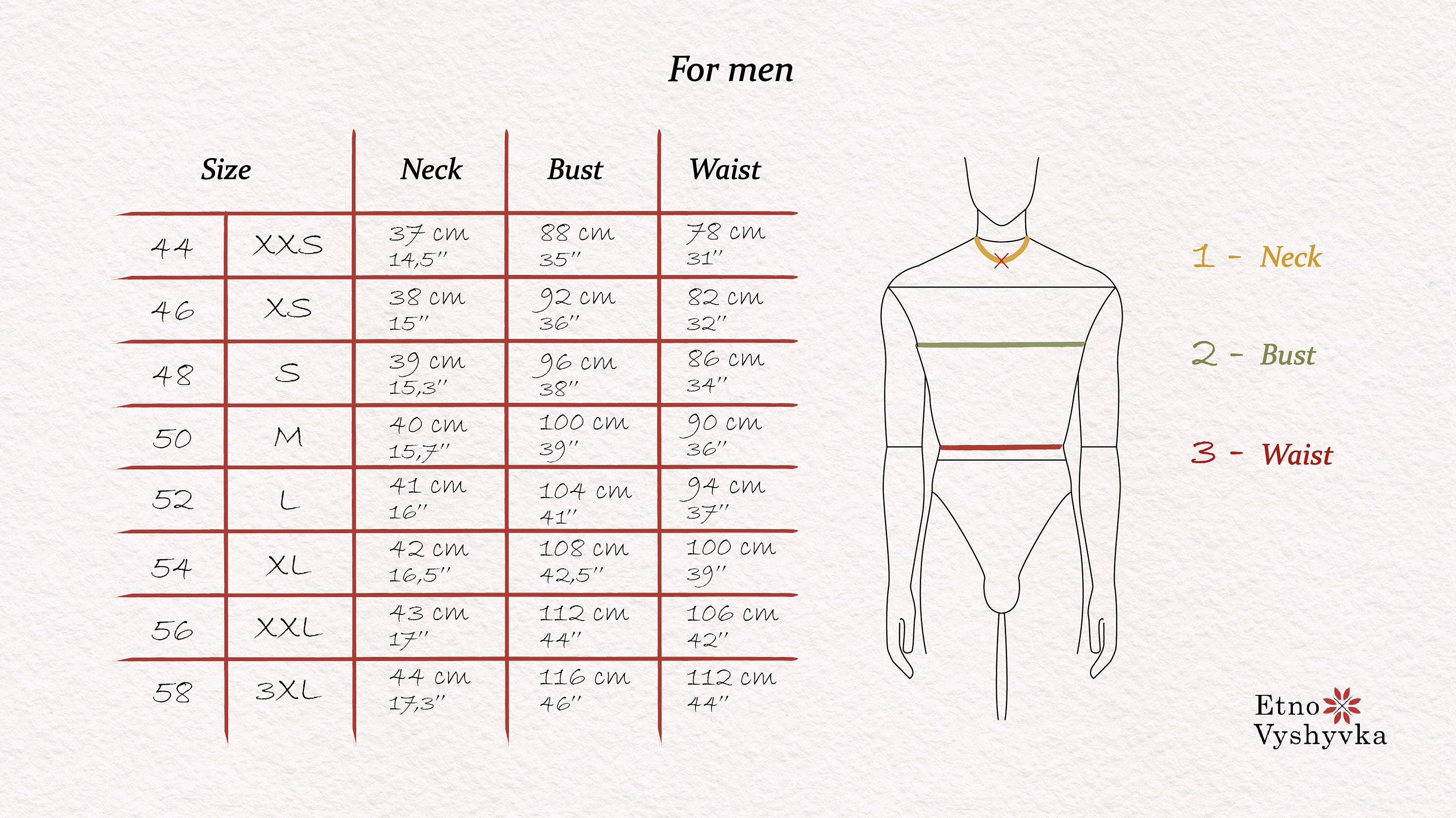 Size chart for men's embroidered Vyshyvanka shirt, detailing neck, bust, and waist measurements from XXS to 3XL.