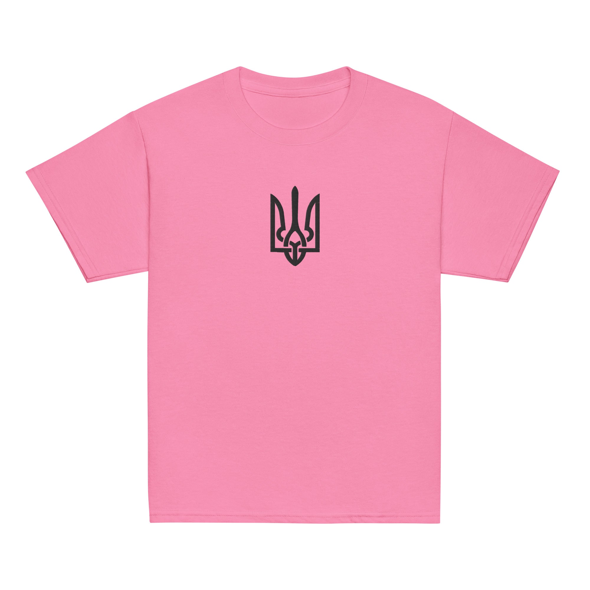 Pink youth t-shirt with Ukrainian Tryzub design showcasing heritage and pride. 100% cotton for comfort and quality.