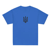 Youth blue t-shirt with black Tryzub design celebrating Ukrainian heritage and culture.