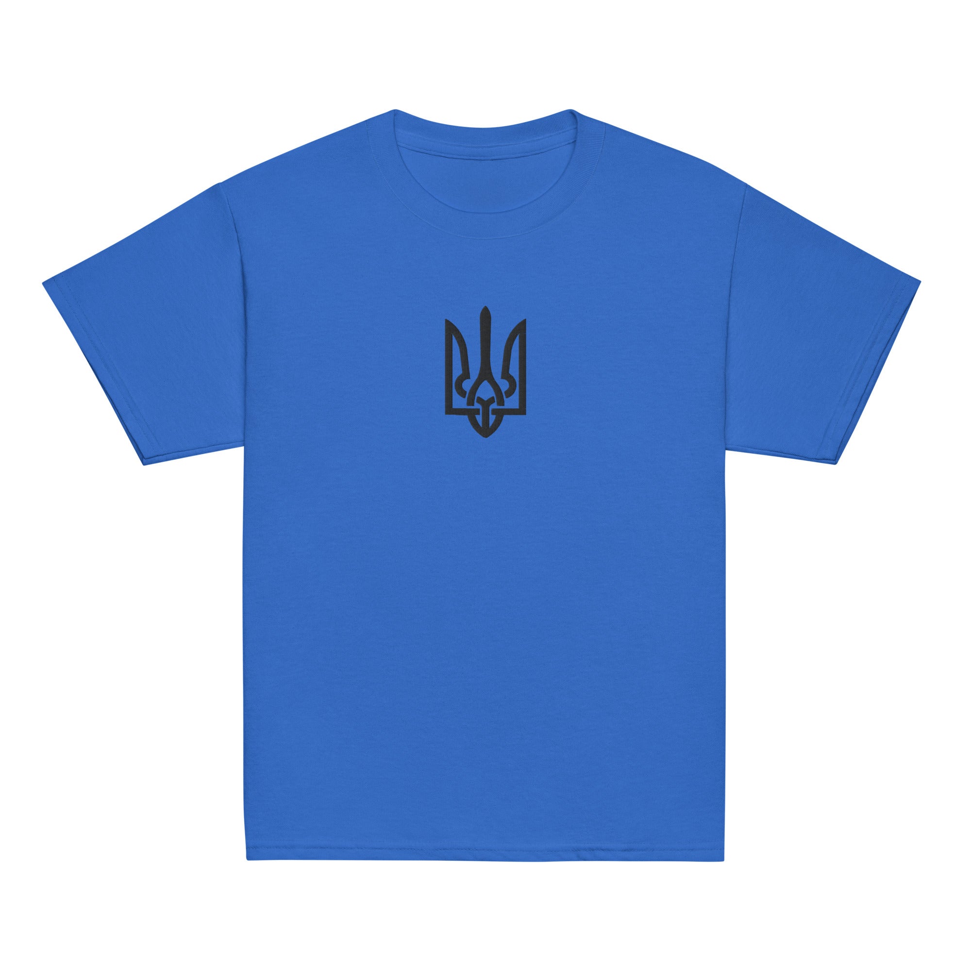 Youth blue t-shirt with black Tryzub design celebrating Ukrainian heritage and culture.