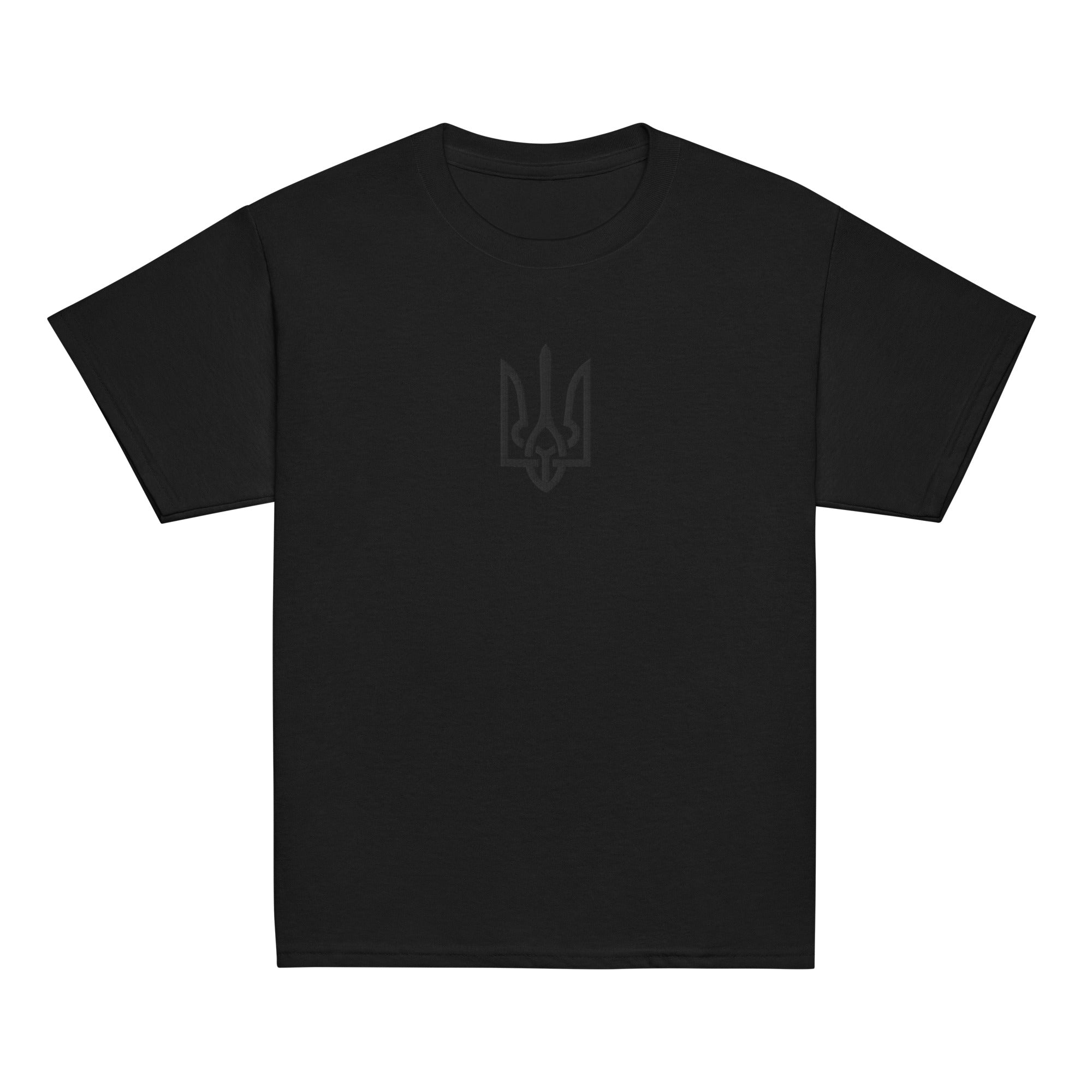 Youth Classic T-Shirt with Tryzub, black color, featuring Ukrainian heritage design. 100% cotton, breathable and durable for active kids.