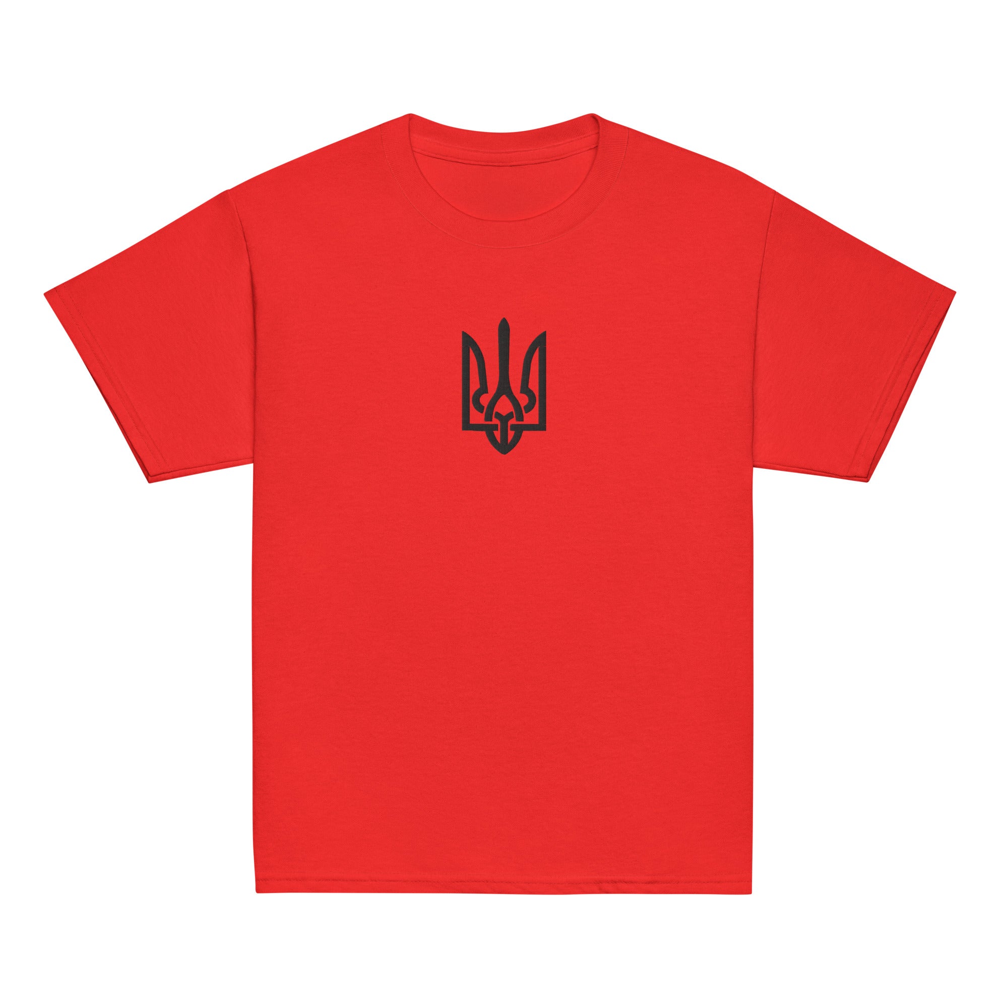 Red youth t-shirt with black Tryzub design, celebrating Ukrainian heritage, made from soft cotton fabric.
