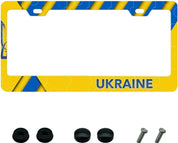 Ukraine license plate frame with blue and yellow design and accessories, rust-resistant aluminum for 12x6 plates.