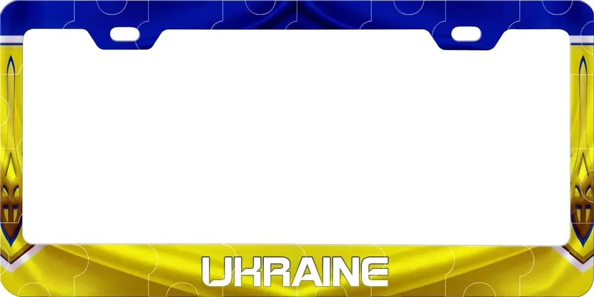 Ukraine license plate frame in blue and yellow aluminum, 12x6 inch, stylish and rust-resistant, showcasing national pride.