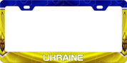 Ukraine license plate frame in blue and yellow aluminum, 12x6 inch, stylish and rust-resistant, showcasing national pride.