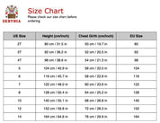 Children's clothing size chart with US, height, chest girth, and EU sizes for 2T-14. Includes precise measurements.