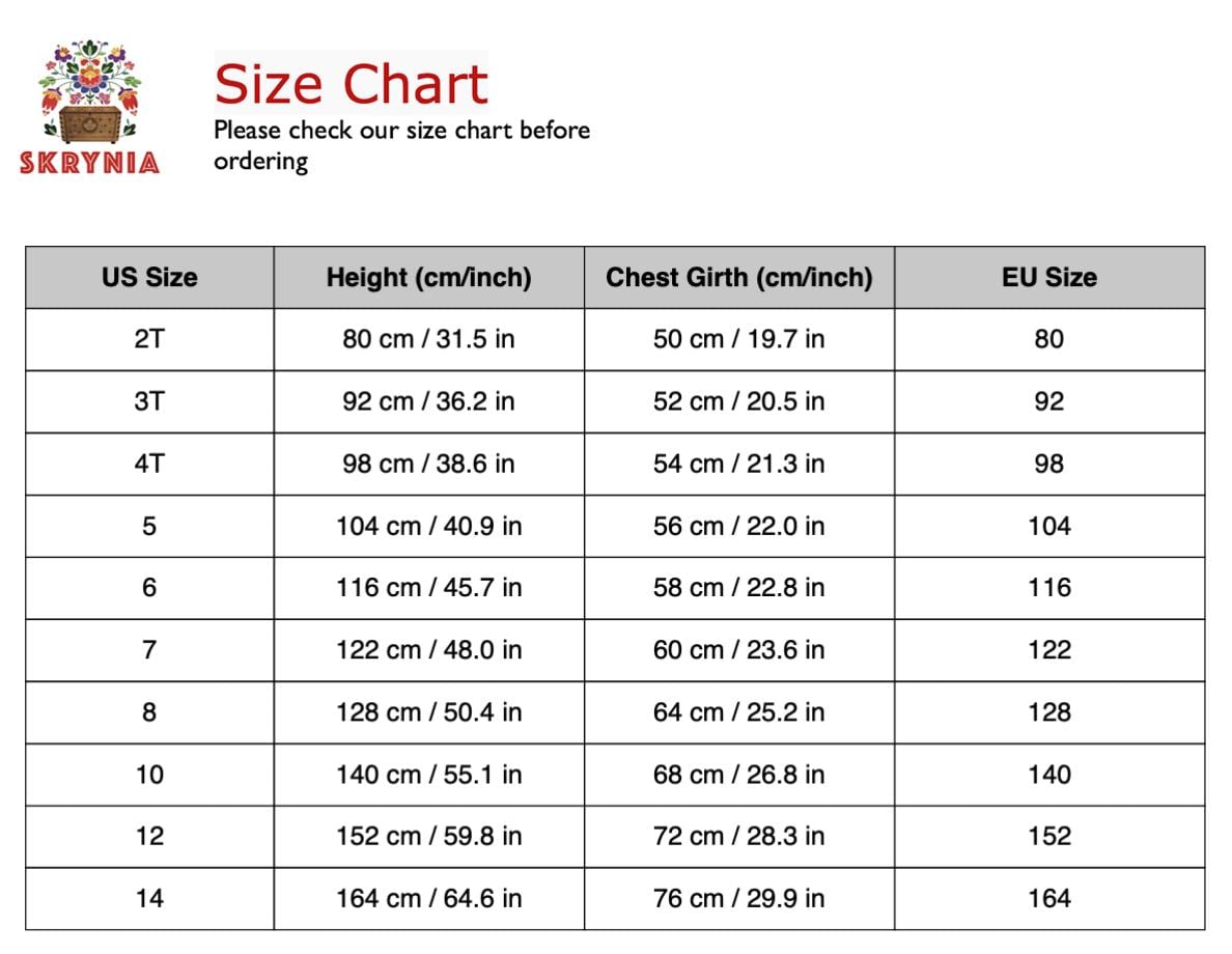 Children's clothing size chart with US, height, chest girth, and EU sizes for 2T-14. Includes precise measurements.