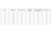 Size chart for Ukrainian embroidered boys' shirt including age, height, chest width, shoulder width, and sleeve length measurements.