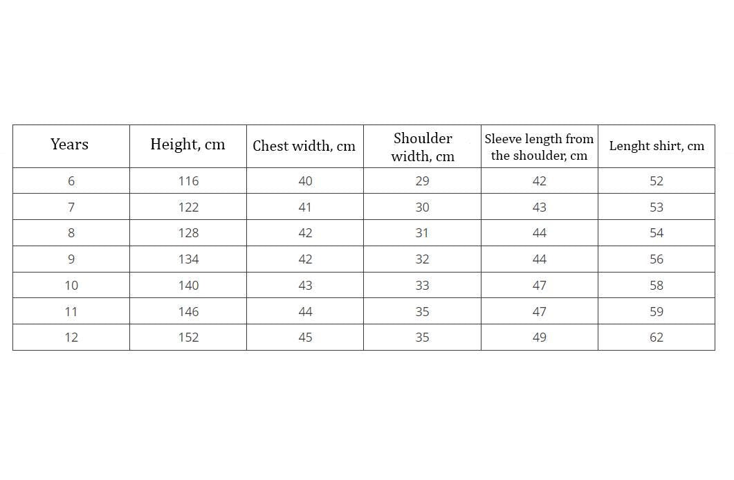 Size chart for Ukrainian embroidered boys' shirt including age, height, chest width, shoulder width, and sleeve length measurements.