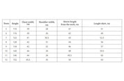 Size chart for boys' Ukrainian embroidered shirts, displaying measurements for height, chest, shoulder, sleeve, and shirt length in cm.