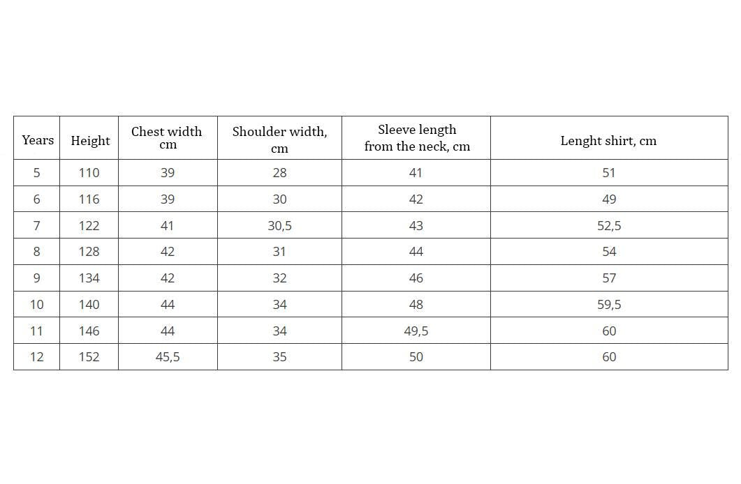 Size chart for boys' Ukrainian embroidered shirts, displaying measurements for height, chest, shoulder, sleeve, and shirt length in cm.