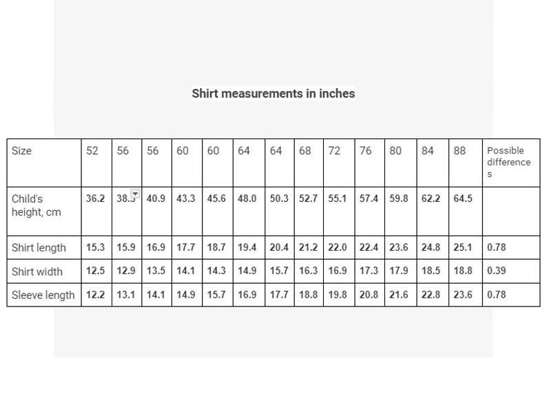 Table showing shirt measurements in inches for various child sizes, including height, shirt length, width, and sleeve length.