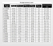 Children's clothing size chart with measurements for age, height, breast, waist, hips, and international sizes in Ukrainian.