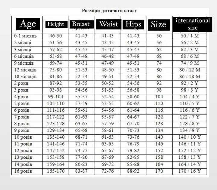 Children's clothing size chart with measurements for age, height, breast, waist, hips, and international sizes in Ukrainian.