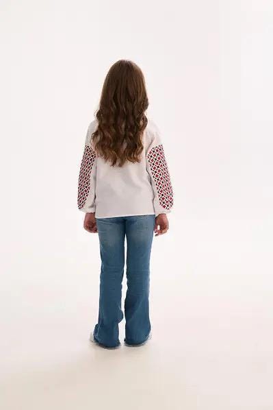 Girl wearing Ukrainian embroidered blouse with red patterns, showcasing traditional Vyshyvanka style, standing against a plain background.