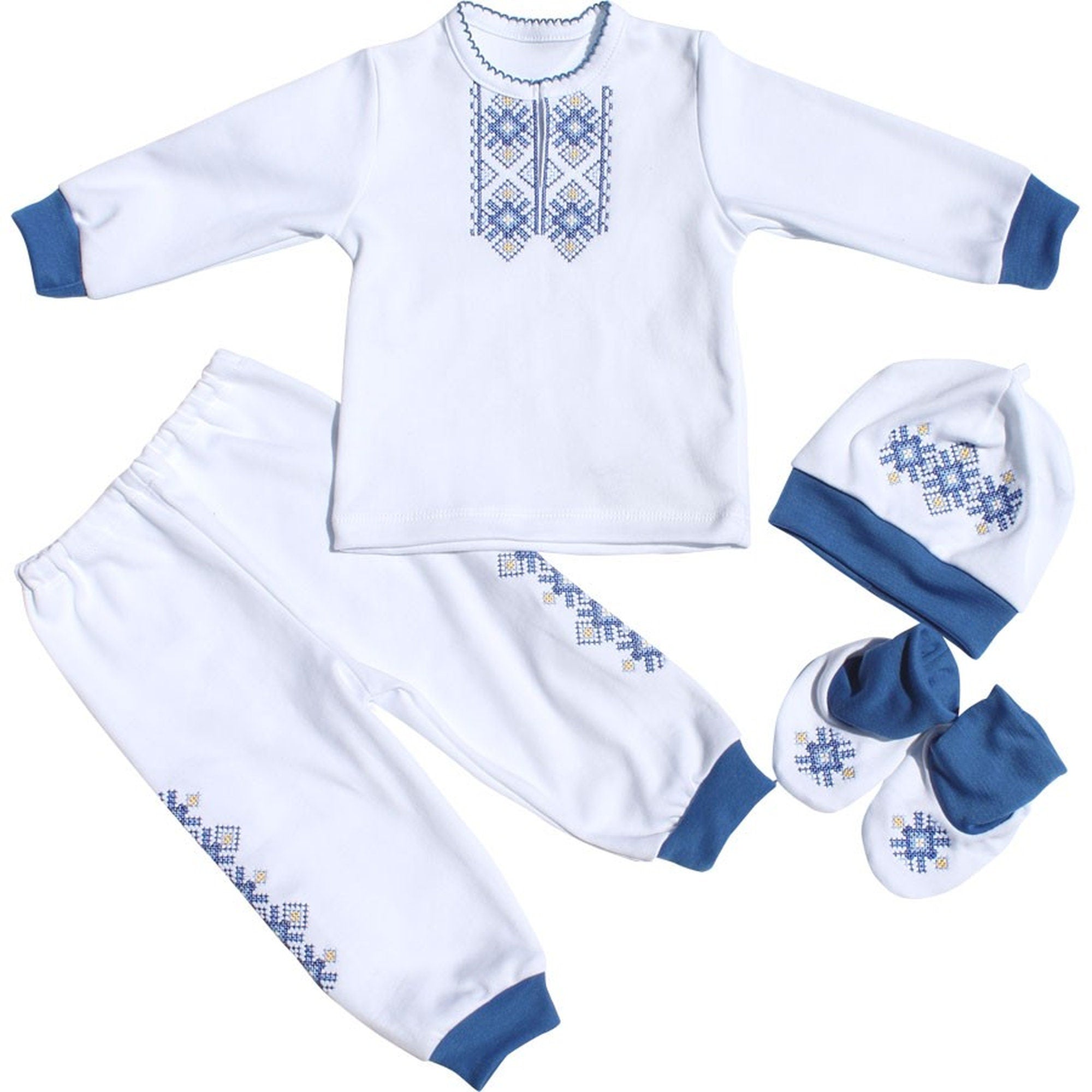 Ukrainian embroidered baby boy costume with shirt, pants, hat, and socks