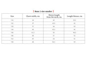 Size chart for Ukrainian embroidered blouse for girls with chest, sleeve, and length measurements in centimeters.