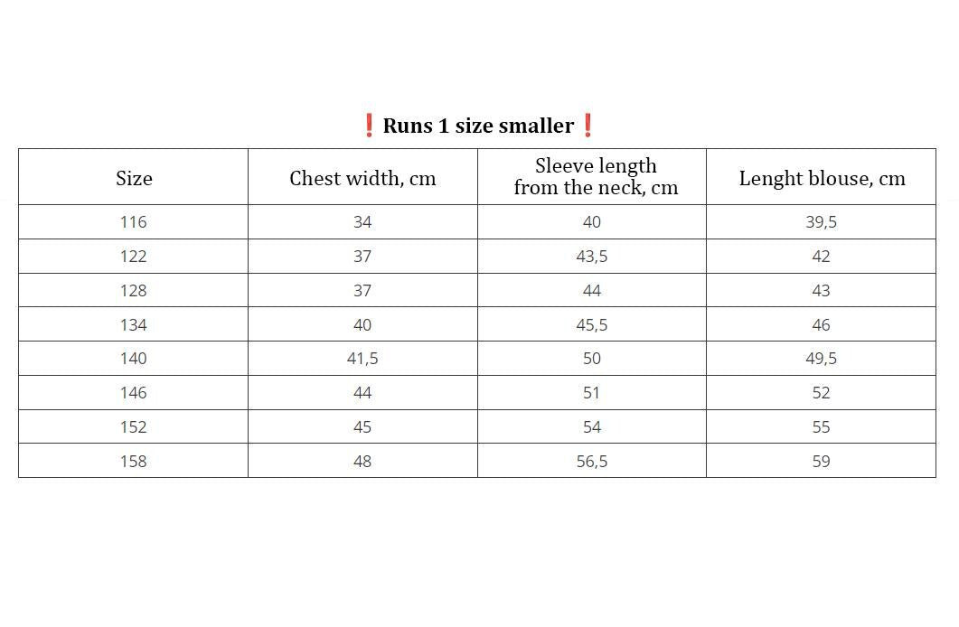 Size chart for Ukrainian embroidered blouse for girls with chest, sleeve, and length measurements in centimeters.