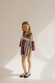 Girl wearing Ukrainian embroidered knit dress in traditional Vyshyvanka style, perfect cotton clothing gift for children.