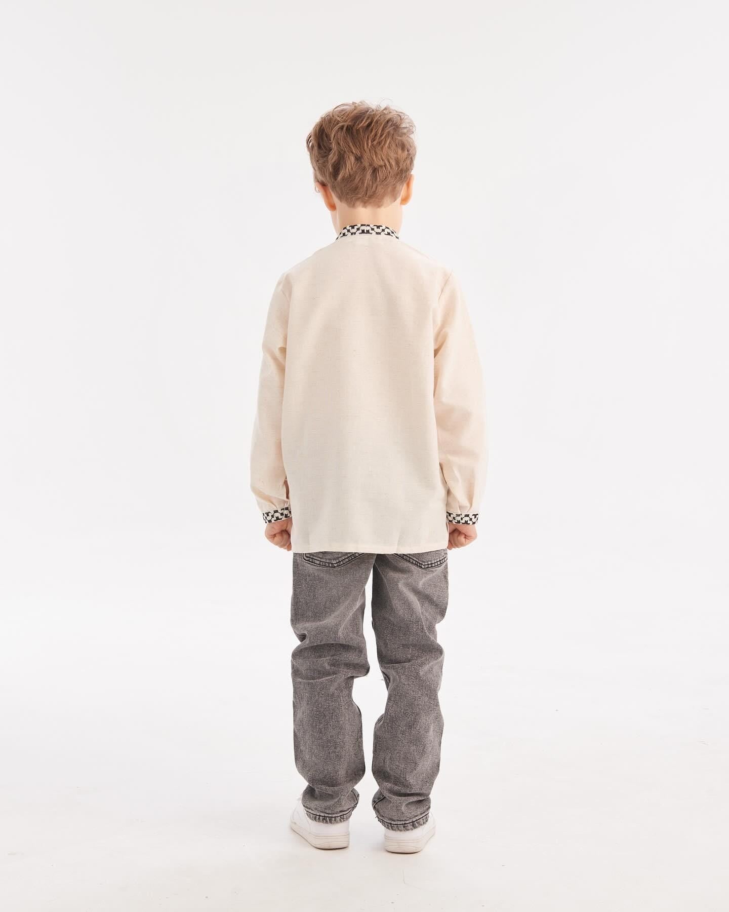 Back view of a boy wearing a Ukrainian embroidered shirt, showcasing traditional Slavic folk style and intricate designs.