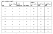 Size chart for Ukrainian embroidered shirt, showing bust, waist, hip, sleeve, front, and back lengths in centimeters for sizes 116-158.