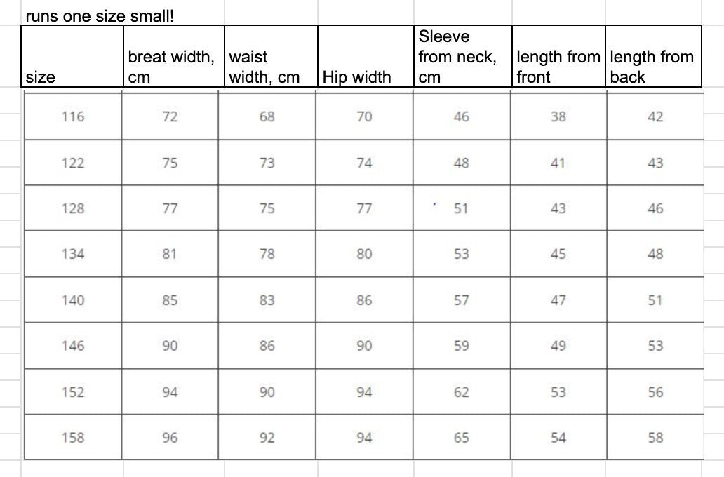 Size chart for Ukrainian embroidered shirt, showing bust, waist, hip, sleeve, front, and back lengths in centimeters for sizes 116-158.