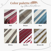 Ukrainian tablecloth color palette with red, brown, blue, ethnic patterns for linen decor.