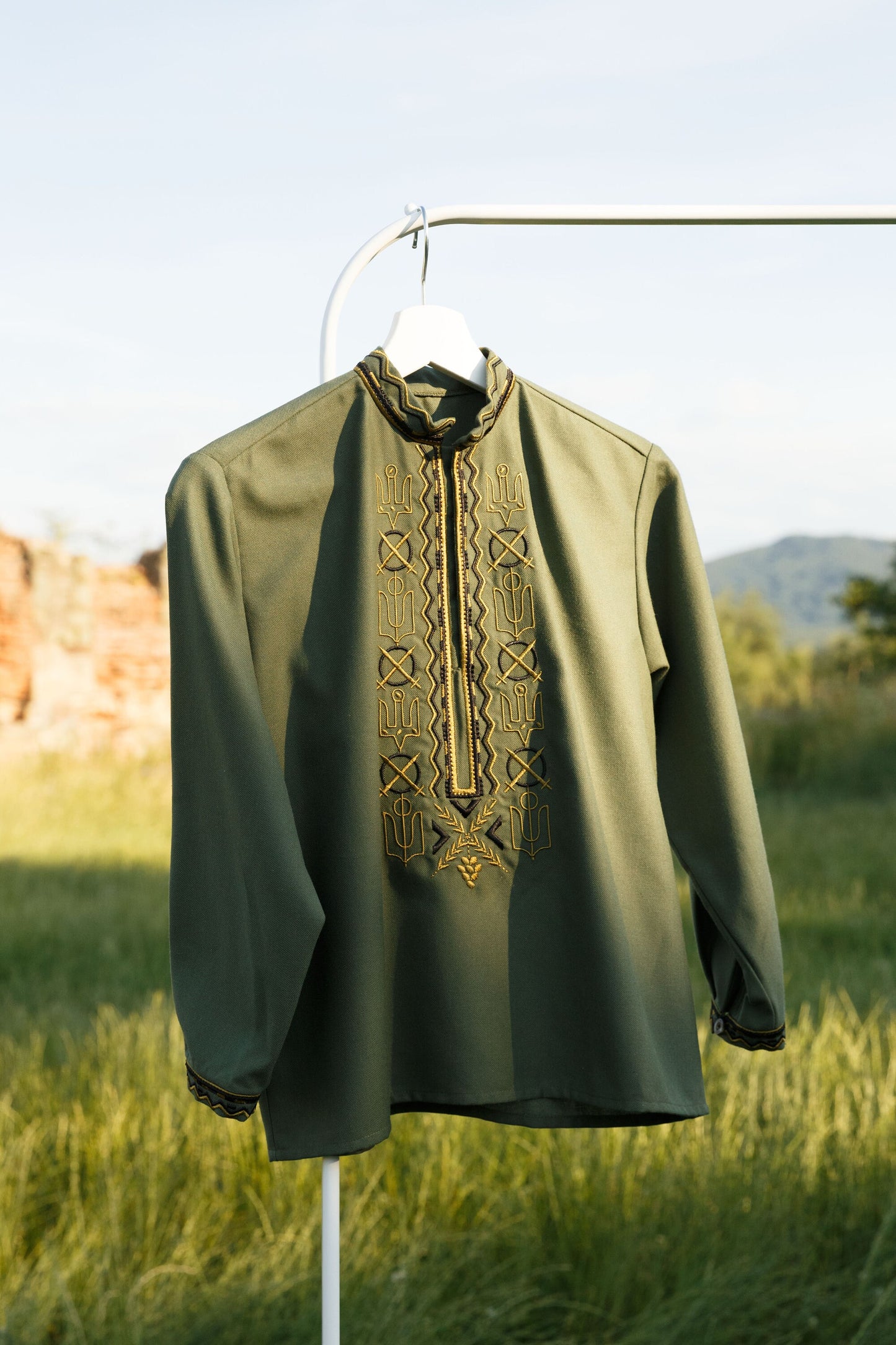 Ukrainian embroidered Vyshyvanka for men, military-style cotton shirt with intricate design, inspired by Zelensky's iconic style.