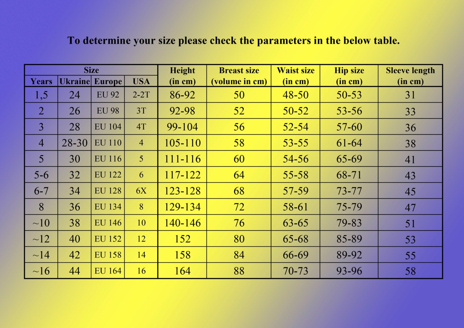 Children's clothing size chart for ages 1.5 to 16 years, showing European, US sizes, height, breast, waist, hip, and sleeve measurements.