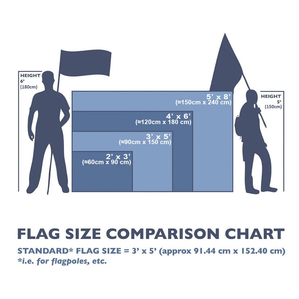 Size comparison chart for flags from 3x5 ft to 5x8 ft, showing dimensions in cm and suggested flagpole heights.