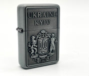Ukrainian gasoline lighter with bronze and silver national symbol, featuring the Kyiv Coat of Arms, collectible design.