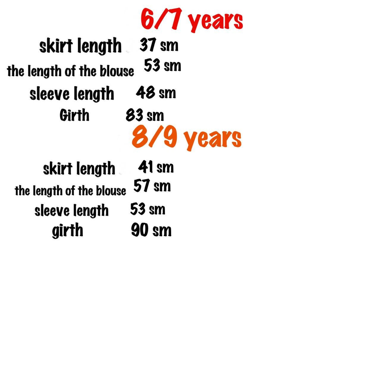 Size chart for Ukrainian embroidered dress set for 6/7 and 8/9 years, detailing skirt, blouse, and sleeve lengths, plus girth in cm.