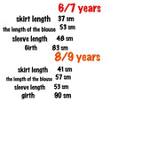 Size chart for Ukrainian embroidered dress set for 6/7 and 8/9 years, detailing skirt, blouse, and sleeve lengths, plus girth in cm.