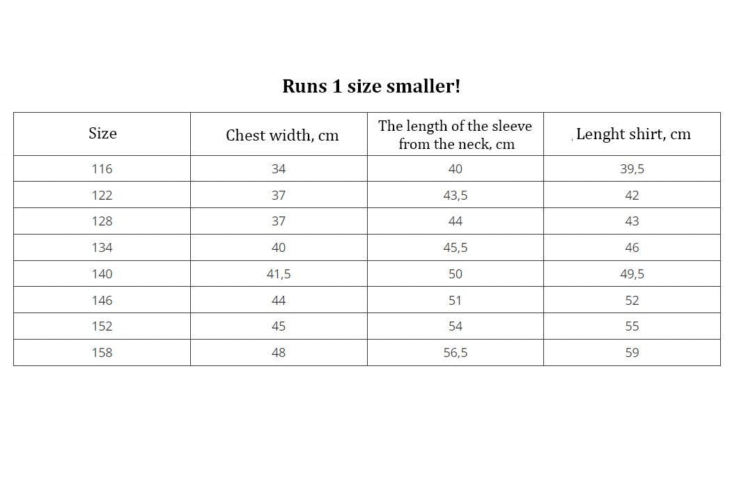 Size chart for girls' Ukrainian embroidered shirt with sizes, chest width, sleeve length, and shirt length in centimeters.