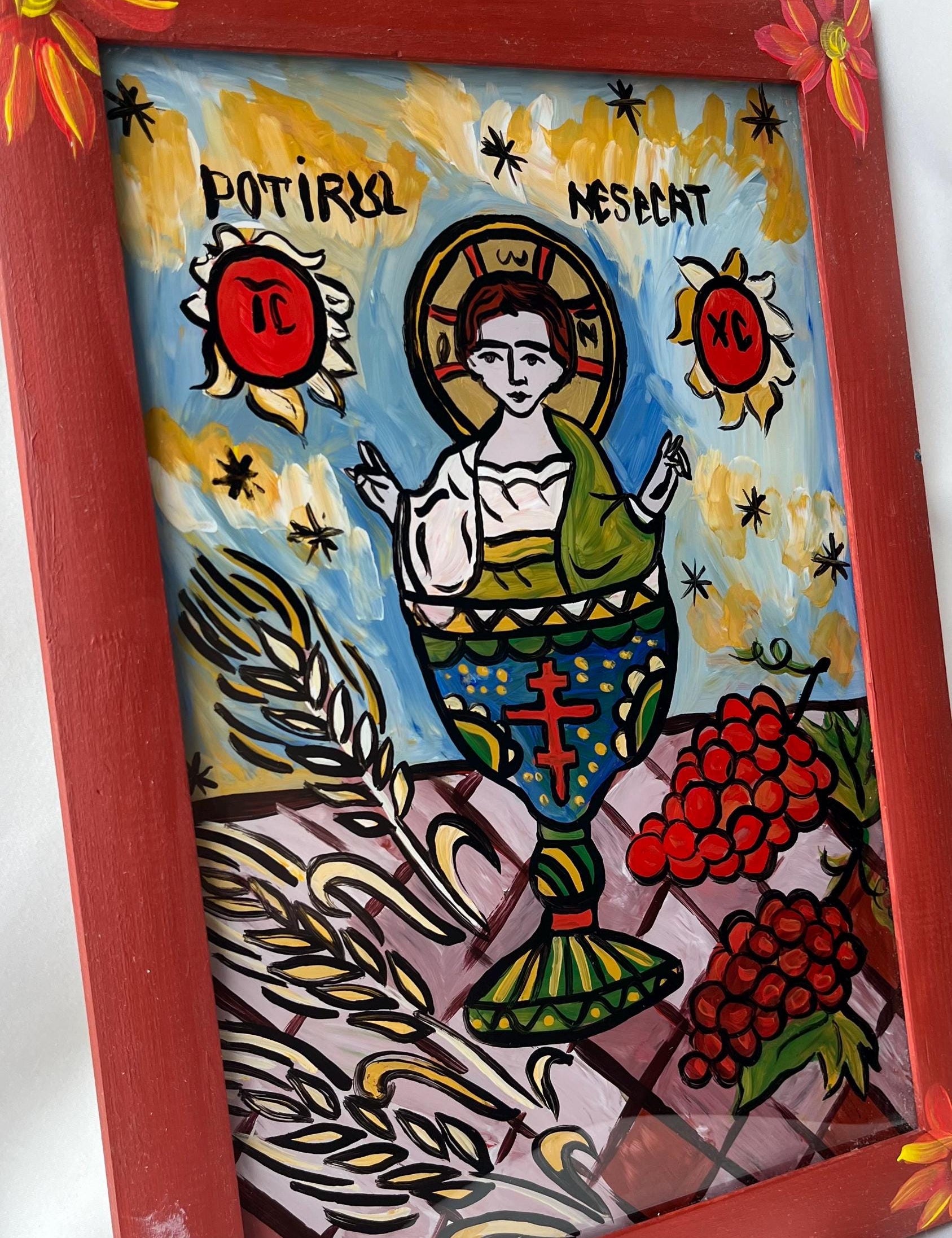 Hand-painted Theotokos of the Inexhaustible Chalice icon on glass in vibrant colors, unique Orthodox Christian art for home.