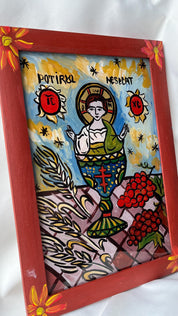 Hand-painted Theotokos of the Inexhaustible Chalice icon on glass in vibrant colors, unique Orthodox Christian art for home.