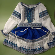 Ukrainian Hutsul Folk Costume for girls, blue woven set with lace; traditional three-piece outfit for cultural events and celebrations.