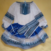Ukrainian Hutsul folk costume for girls, blue woven set with lace, includes blouse, skirt, and belt, perfect for cultural events.