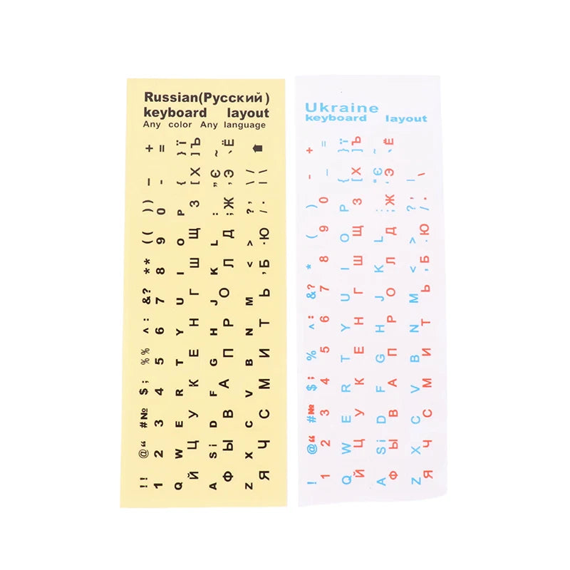 Ukrainian and Russian keyboard stickers for bilingual typing and language learning.