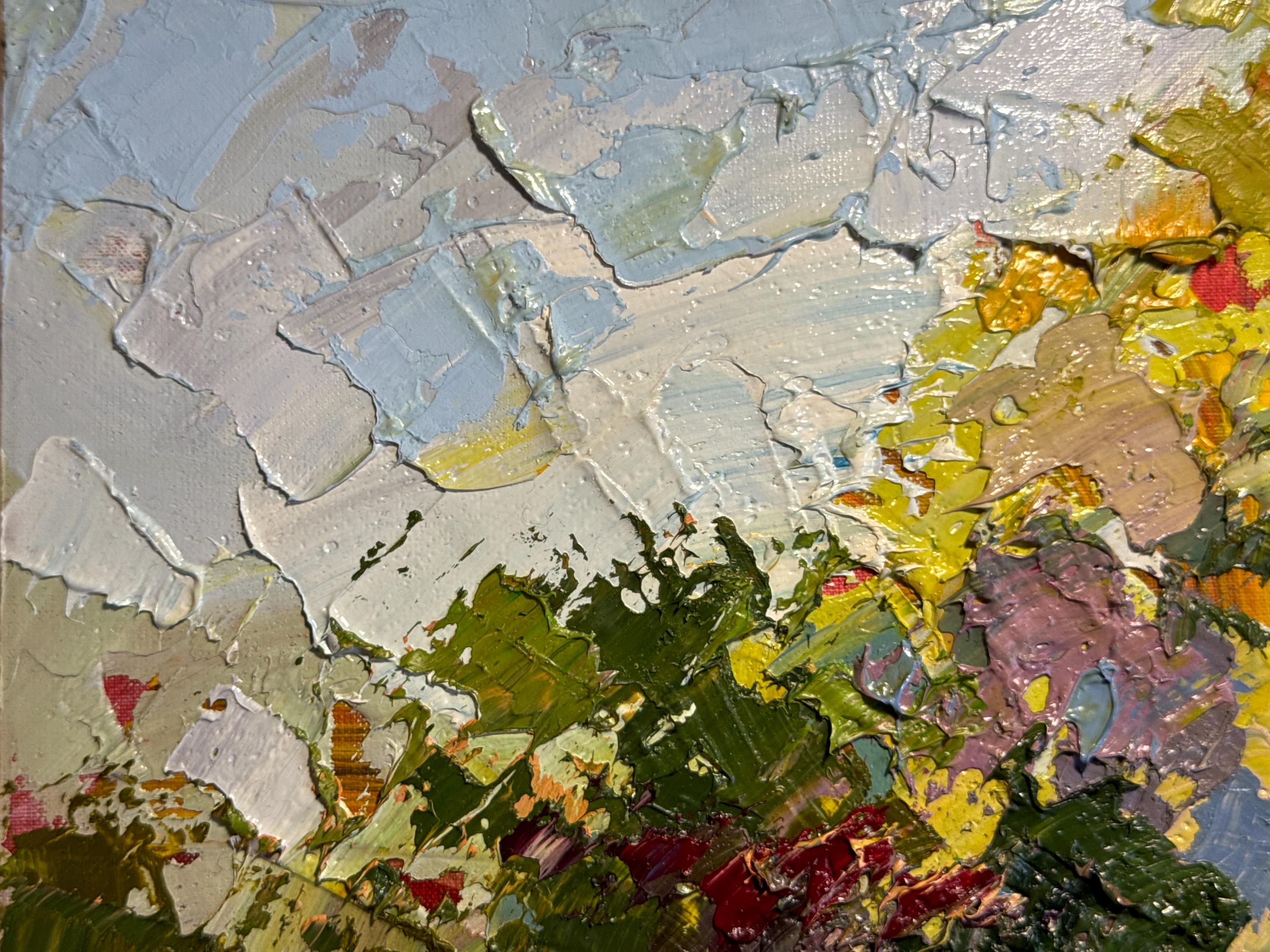 Original Ukrainian oil painting, landscape by Leonid K., showcasing the vibrant countryside with expressive brushstrokes on canvas.