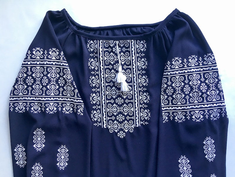 Marsala Boho Vyshyvanka Blouse with White Geometric Embroidery, Highlighting Traditional Ukrainian Design and Bohemian Style