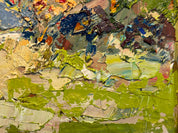 Close-up of brushstrokes in colorful Ukrainian landscape oil painting on canvas by Leonid K.