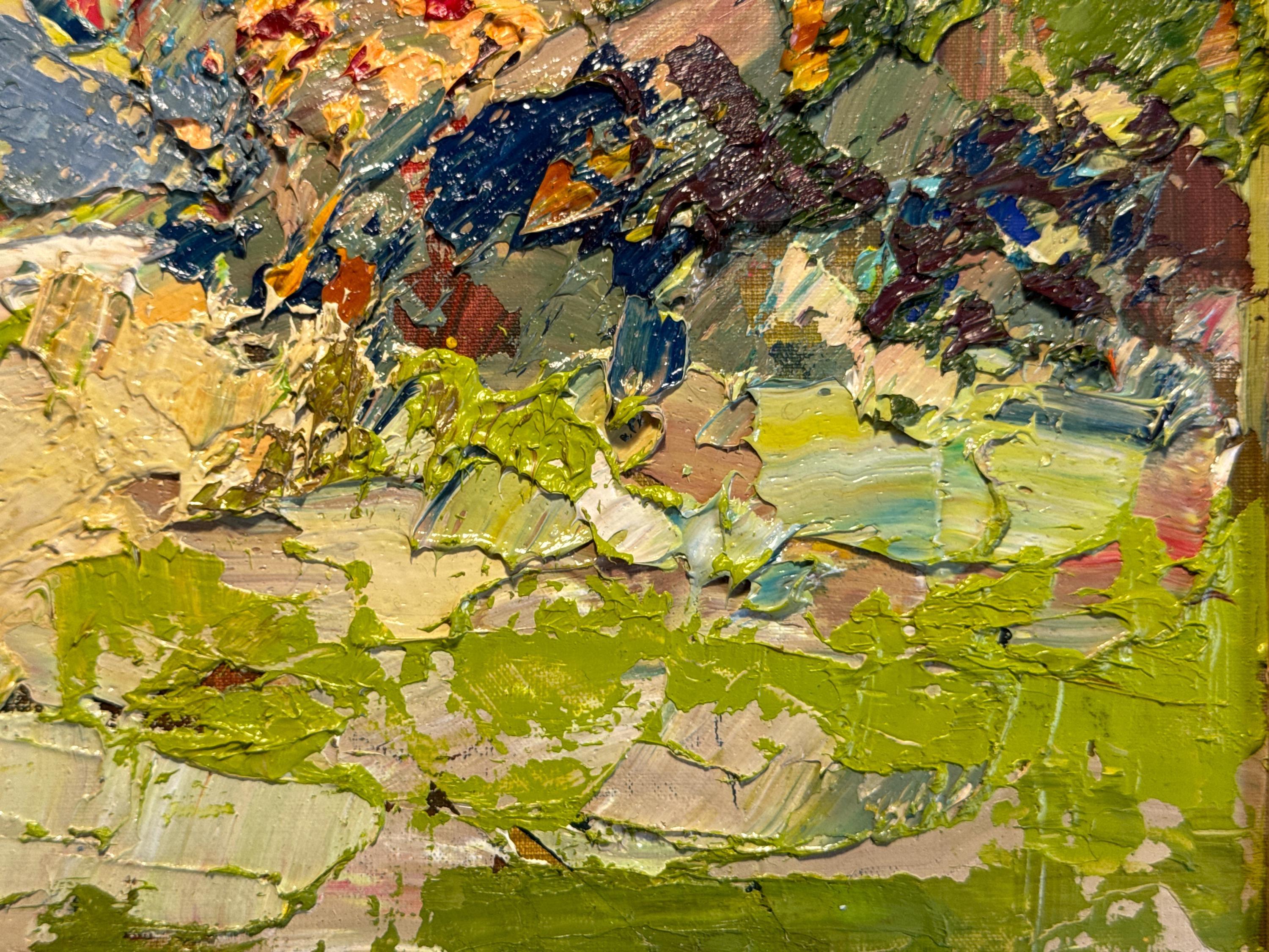 Close-up of brushstrokes in colorful Ukrainian landscape oil painting on canvas by Leonid K.