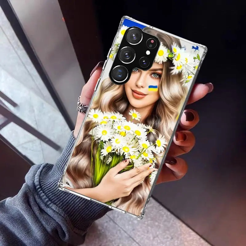 Ukrainian patriotic phone case for Samsung Galaxy, featuring a vibrant Ukrainian girl design with flowers, in a protective silicone material.