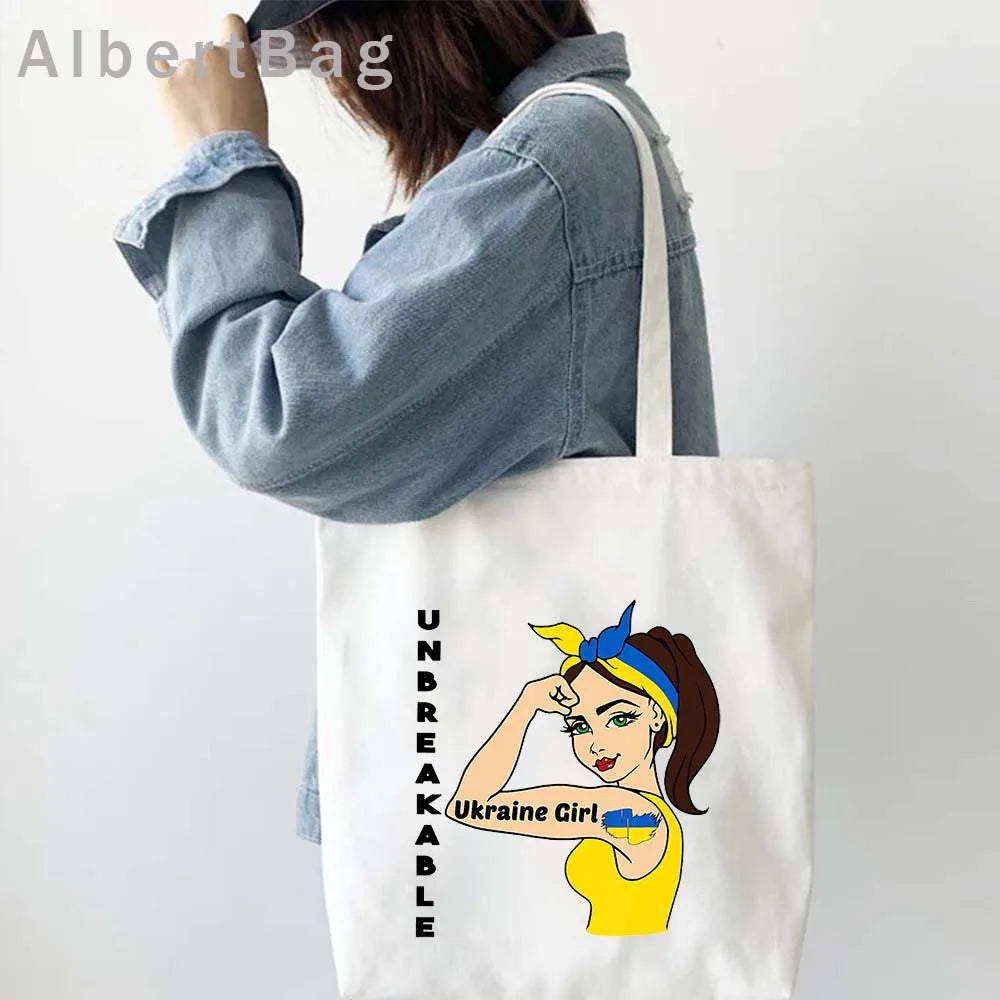 Ukrainian Patriotic Grocery Tote Bag with Unbreakable Girl Print