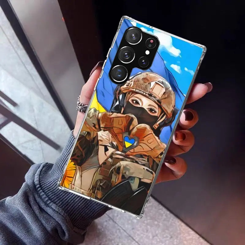 Vibrant Ukrainian Patriotic Phone Case for Samsung Galaxy featuring a Ukrainian Girl design with flag accents, silicone material.