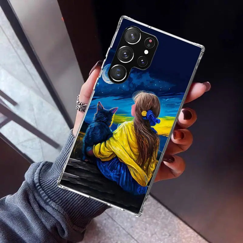 Ukrainian Patriotic Silicone Phone Case for Samsung Galaxy with girl and cat design, vibrant and protective