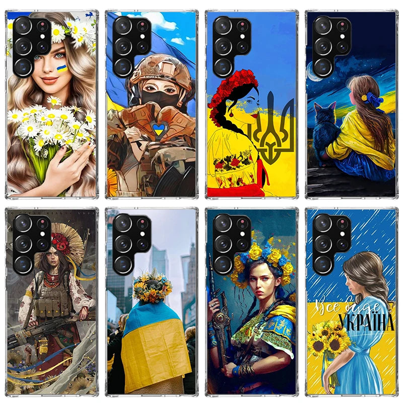 Ukrainian Patriotic Silicone Phone Cases for Samsung Galaxy featuring vibrant designs of Ukrainian girls and national symbols.