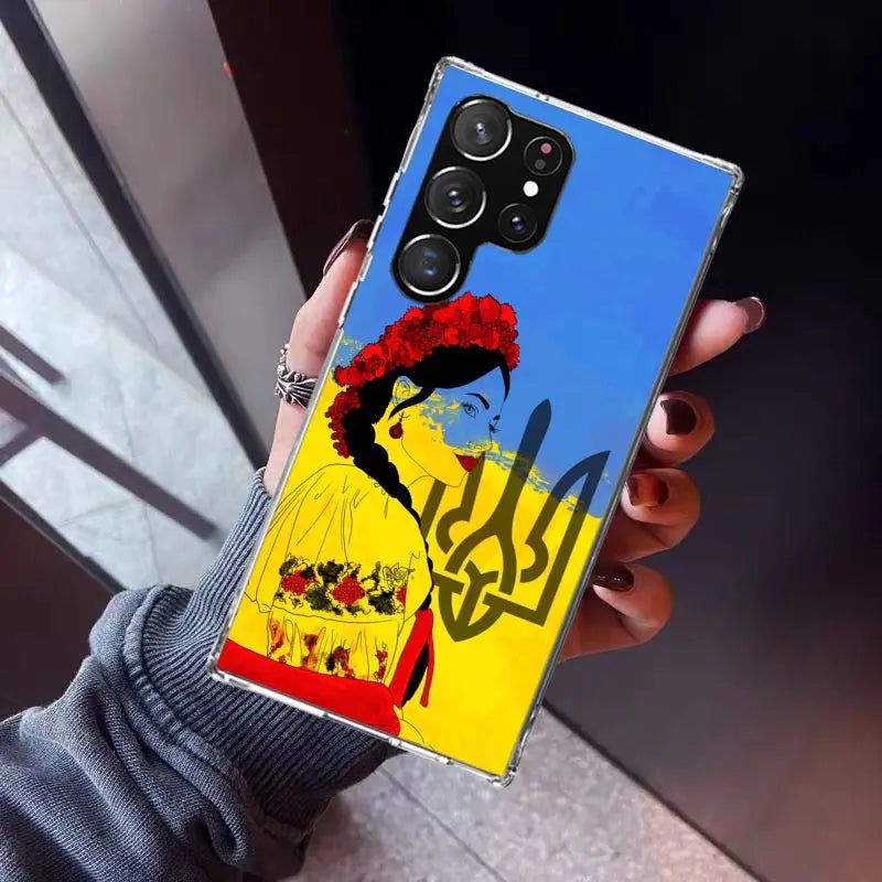 Ukrainian Patriotic Silicone Phone Case for Samsung Galaxy with vibrant girl design, held in hand; protective and stylish.