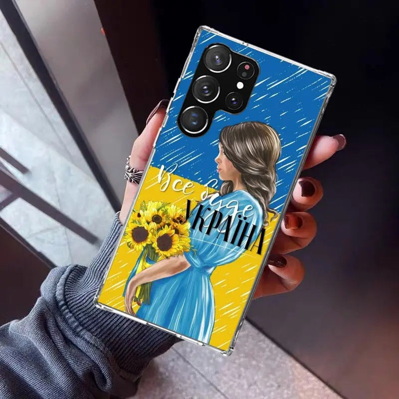 Ukrainian Patriotic Silicone Phone Case for Samsung Galaxy with Ukrainian Girl design and sunflower artwork.